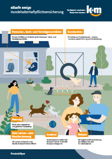 Produktflyer zur Hundehalterhaftpflichtversicherung allsafe amigo von k+m mit wichtigen Leistungen und Versicherungsbeispielen